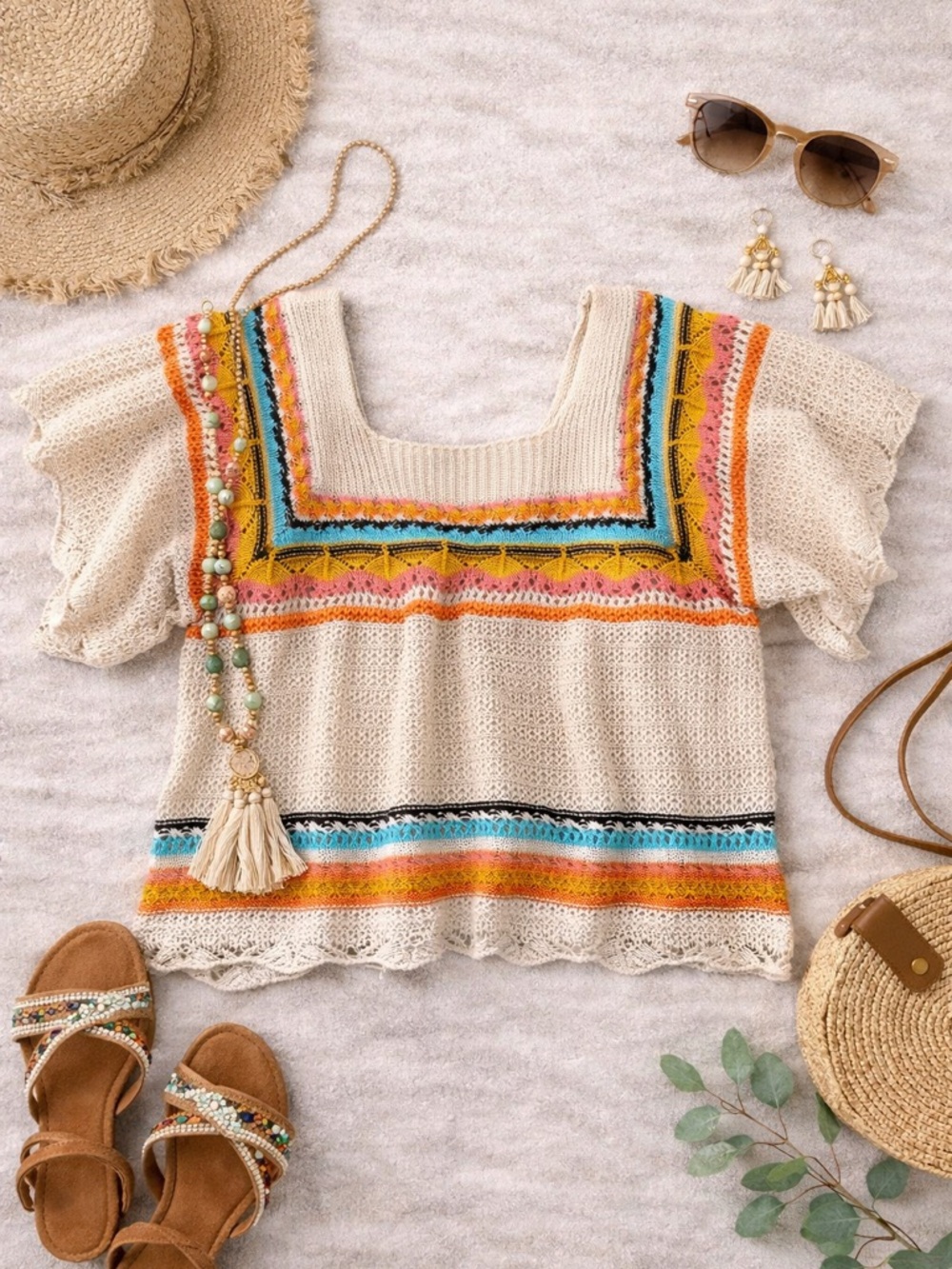 Boho Cream Crochet Square-Neck Crop Top with Colorful Stripe Embroidery